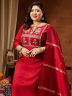 Janasya Women's Maroon Chanderi Silk Yoke Embroidered Straight Kurta Set