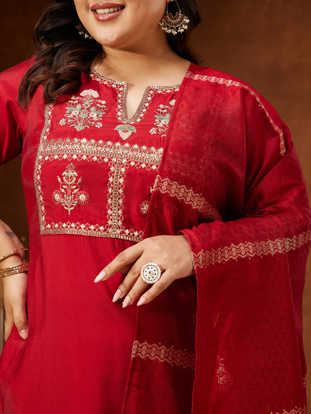 Janasya Women's Maroon Chanderi Silk Yoke Embroidered Straight Kurta Set