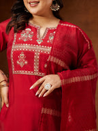 Janasya Women's Maroon Chanderi Silk Yoke Embroidered Straight Kurta Set