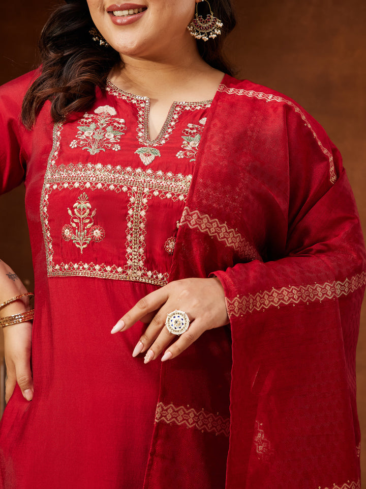 Janasya Women's Maroon Chanderi Silk Yoke Embroidered Straight Kurta Set - qivii