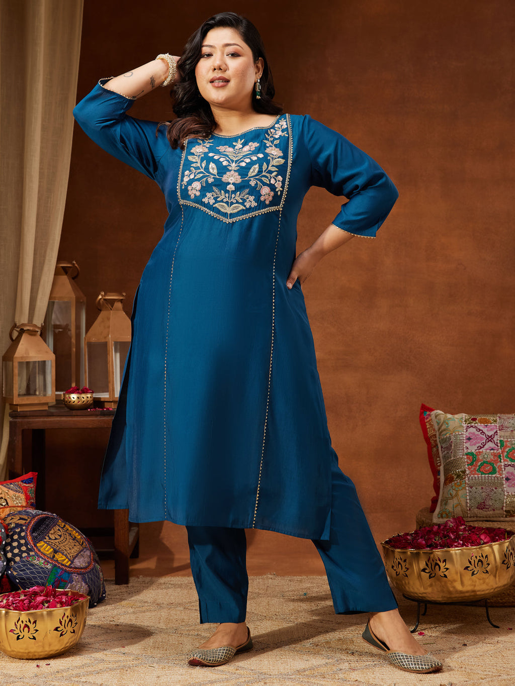 Janasya Women's Plus Size Teal Chanderi Silk Embroidered Straight Kurta Set