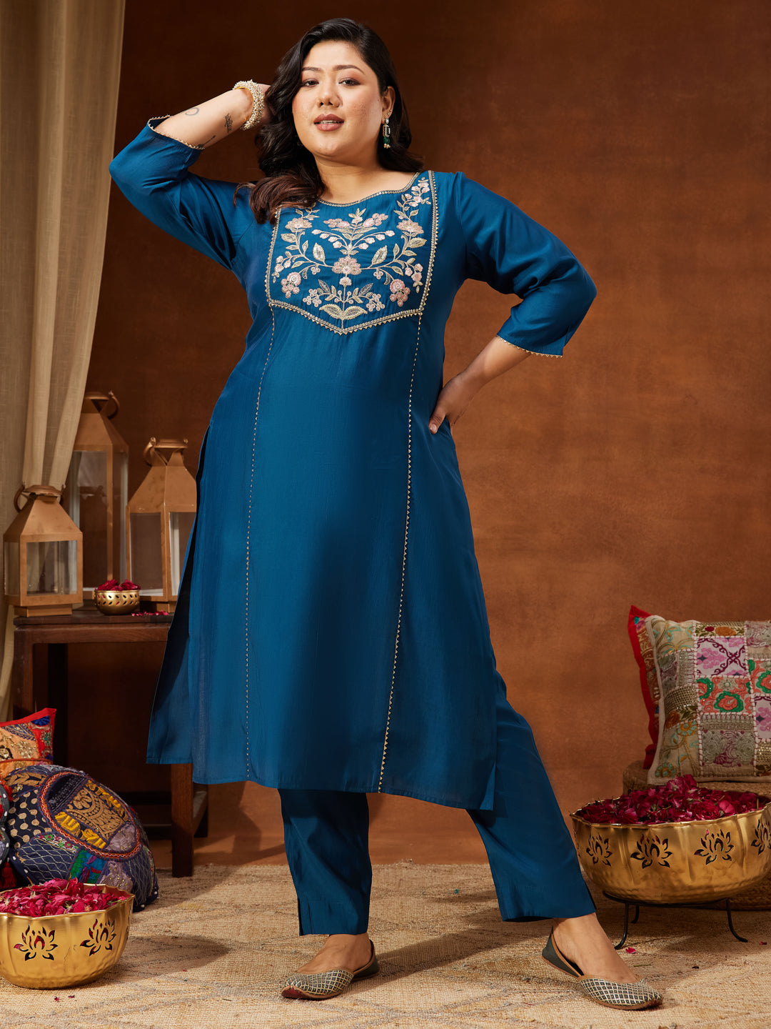 Janasya Women's Plus Size Teal Chanderi Silk Embroidered Straight Kurta Set