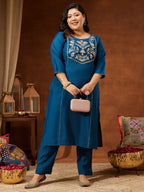 Janasya Women's Plus Size Teal Chanderi Silk Embroidered Straight Kurta Set