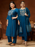 Janasya Women's Teal Blue Chanderi Silk Yoke Embroidered Straight Kurta Set
