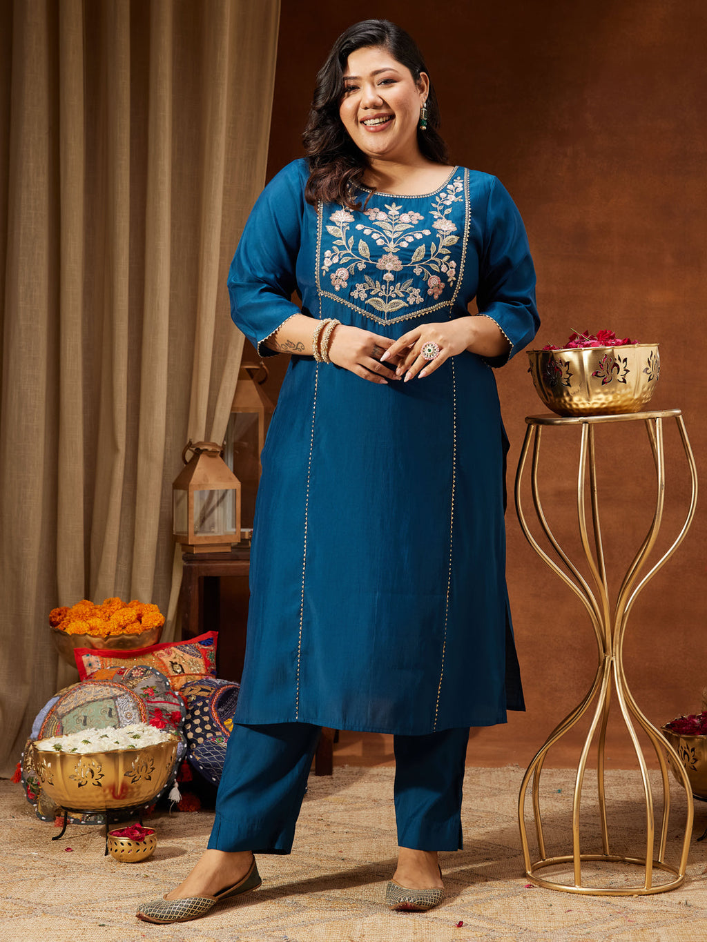 Janasya Women's Plus Size Teal Chanderi Silk Embroidered Straight Kurta Set