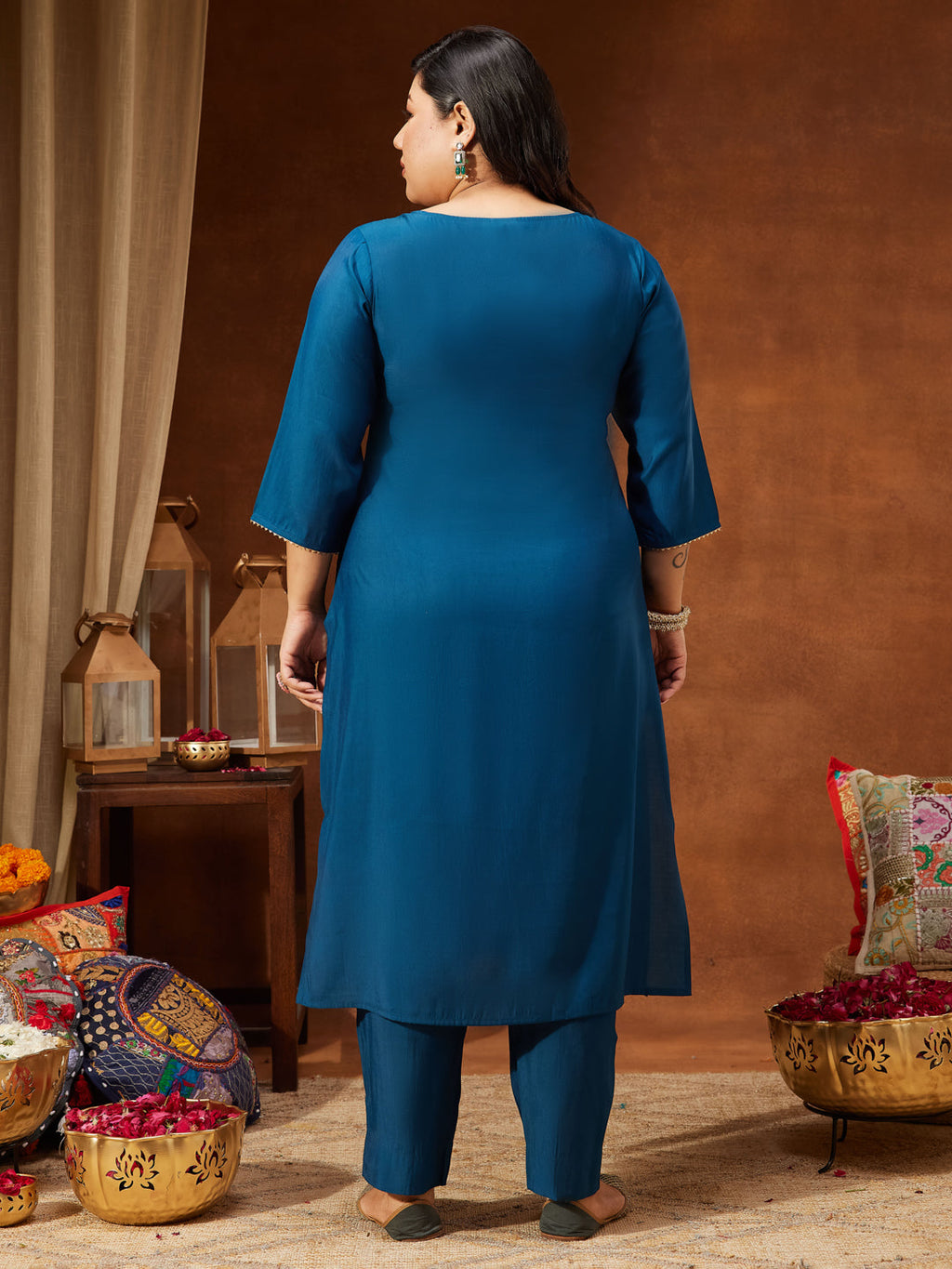 Janasya Women's Plus Size Teal Chanderi Silk Embroidered Straight Kurta Set