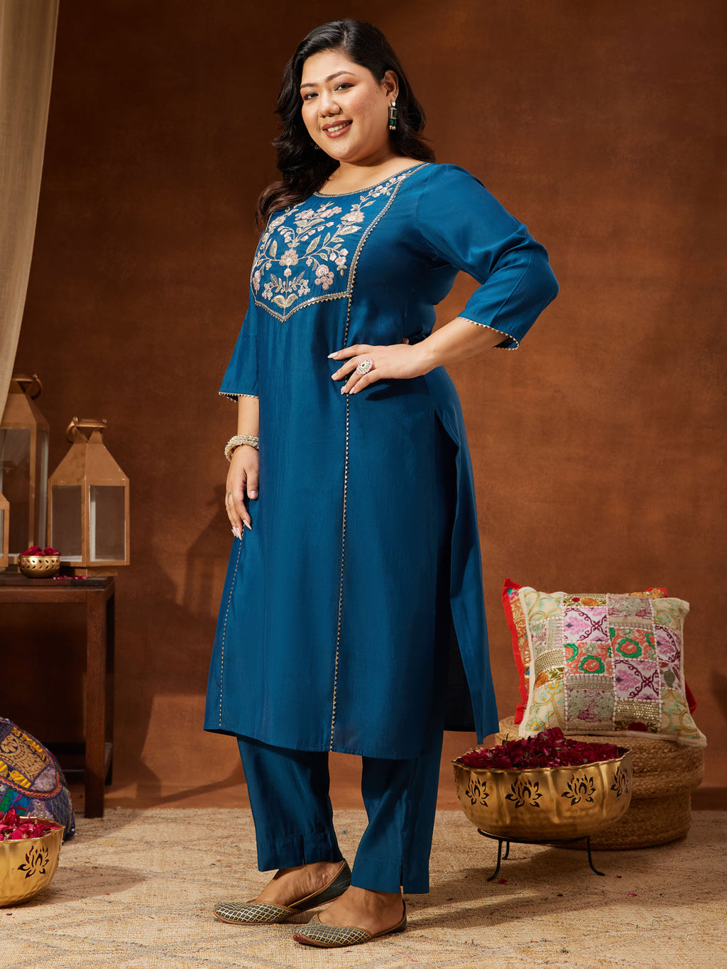 Janasya Women's Plus Size Teal Chanderi Silk Embroidered Straight Kurta Set