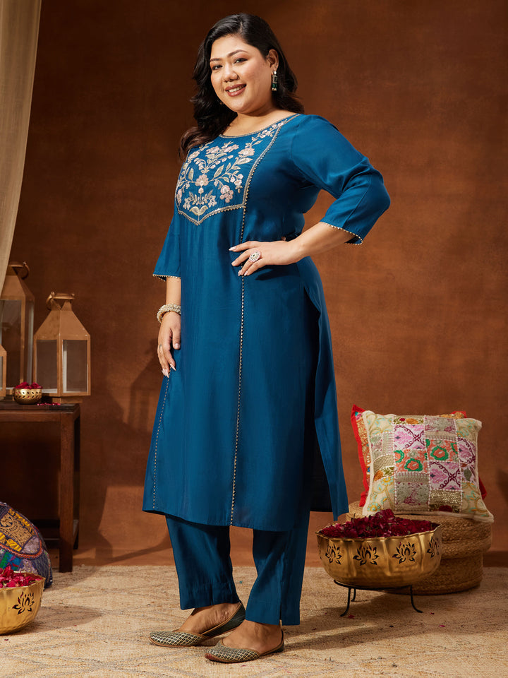 Janasya Women's Plus Size Teal Chanderi Silk Embroidered Straight Kurta Set - qivii