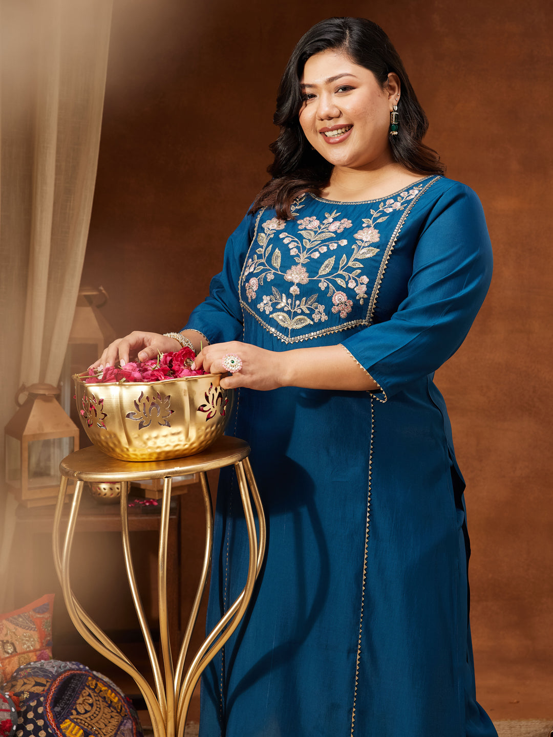 Janasya Women's Plus Size Teal Chanderi Silk Embroidered Straight Kurta Set