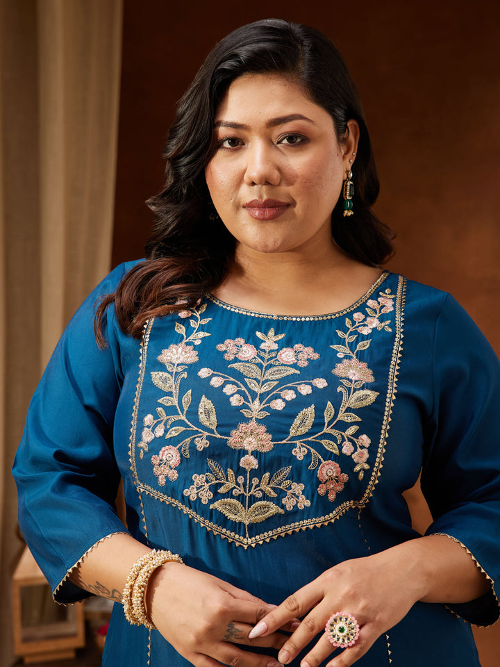 Janasya Women's Plus Size Teal Chanderi Silk Embroidered Straight Kurta Set - qivii