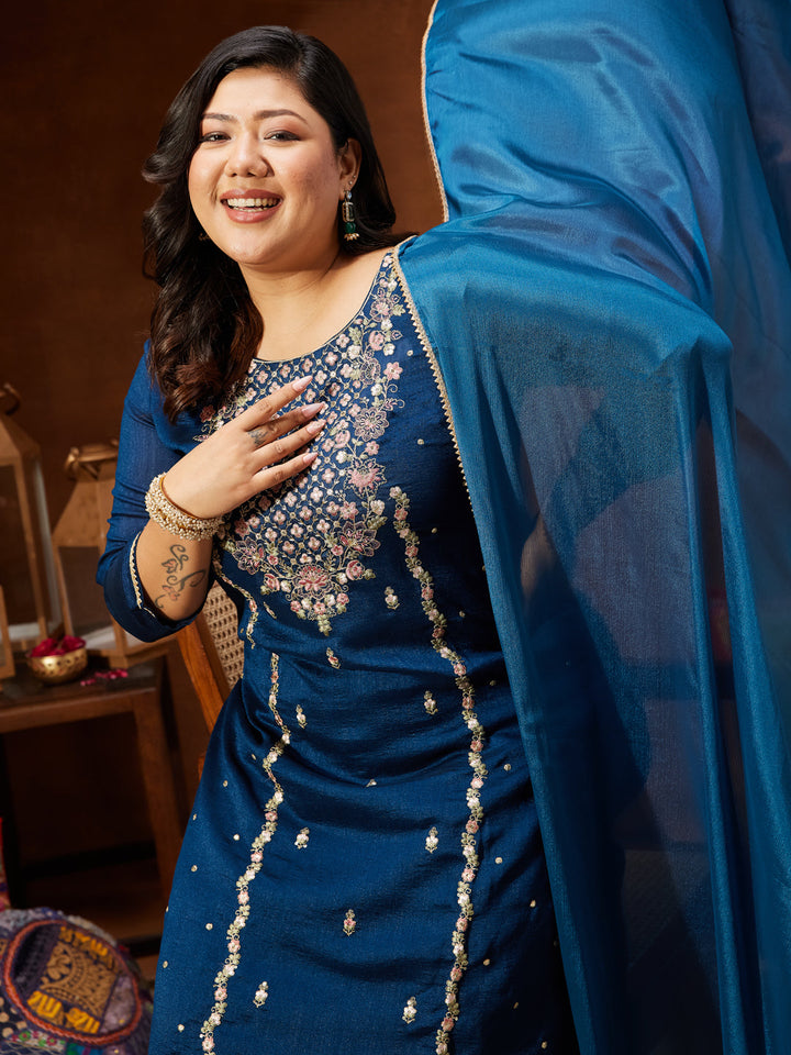 Janasya Women's Plus Size Teal Blue Silk Blend Zari Embroidered Straight Kurta Set - qivii