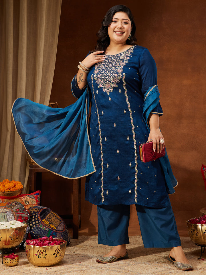 Janasya Women's Plus Size Teal Blue Silk Blend Zari Embroidered Straight Kurta Set - qivii