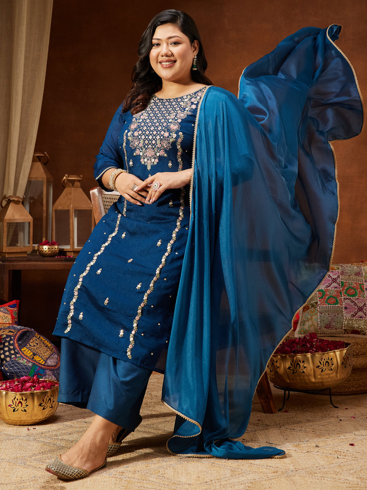 Janasya Women's Plus Size Teal Blue Silk Blend Zari Embroidered Straight Kurta Set - qivii