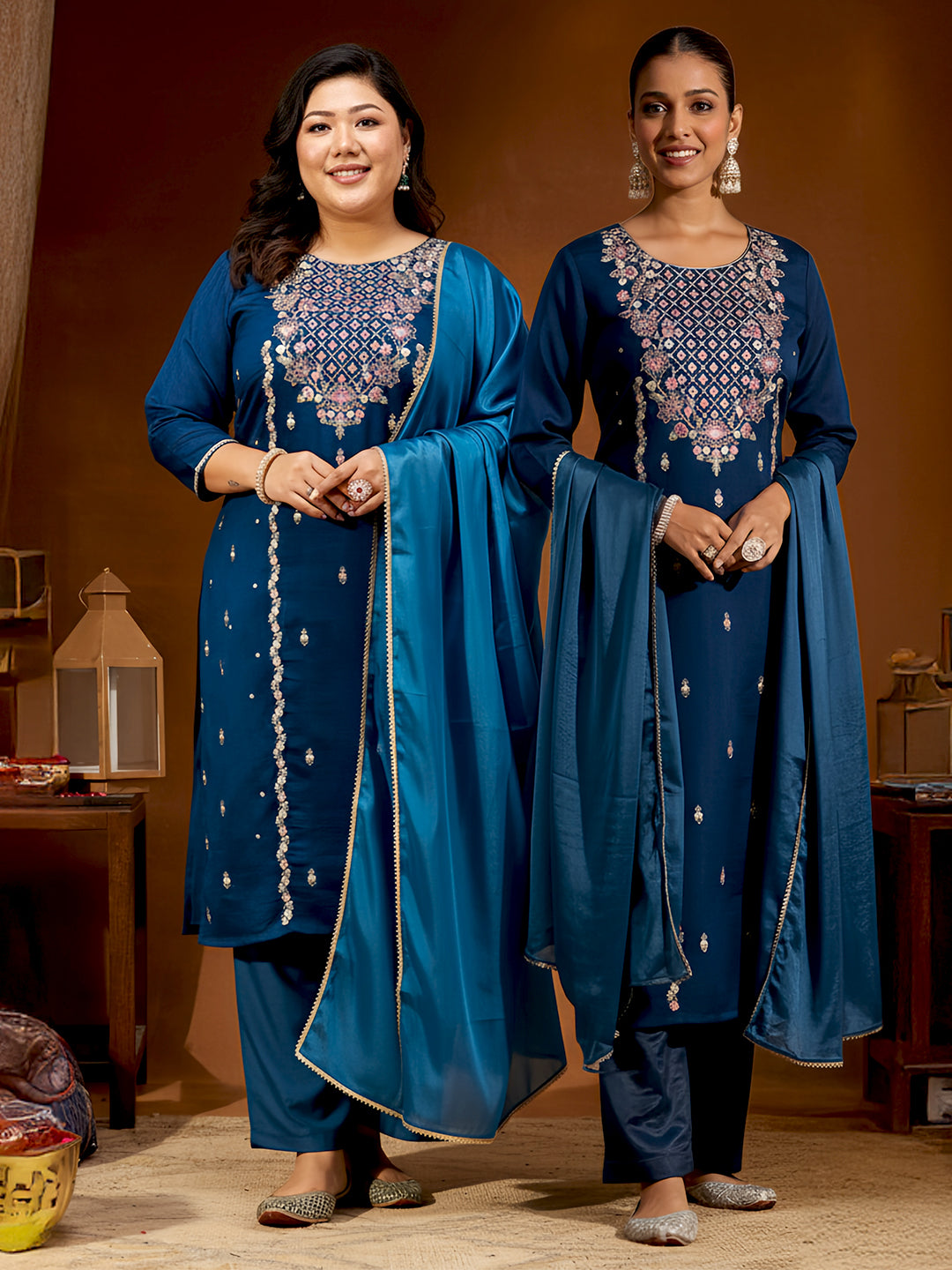 Janasya Women's Plus Size Teal Blue Silk Blend Zari Embroidered Straight Kurta Set - qivii