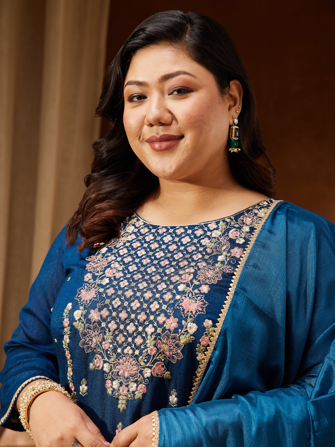 Janasya Women's Plus Size Teal Blue Silk Blend Zari Embroidered Straight Kurta Set - qivii