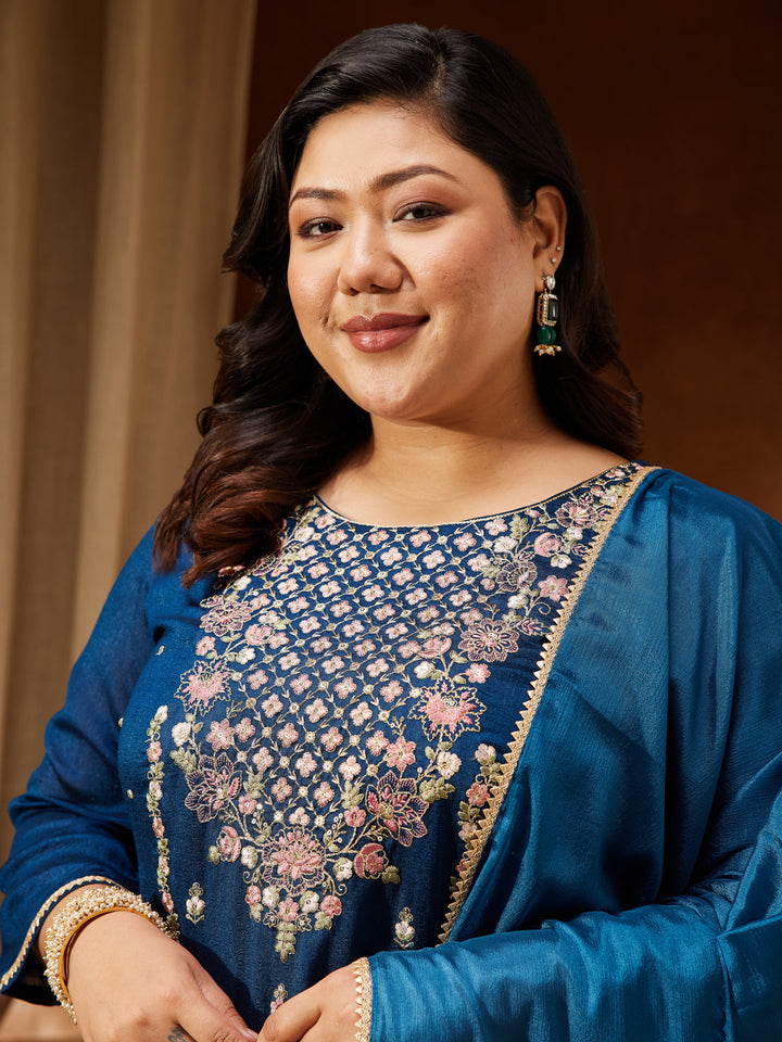 Janasya Women's Plus Size Teal Blue Silk Blend Zari Embroidered Straight Kurta Set - qivii
