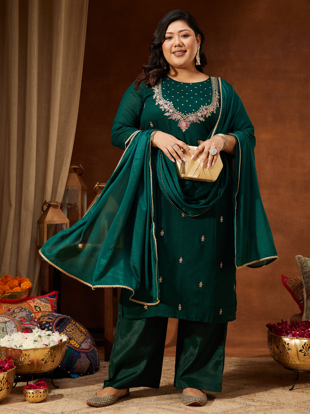 Janasya Women's Plus Size Bottle Green Silk Blend Zari Embroidered Straight Kurta Set