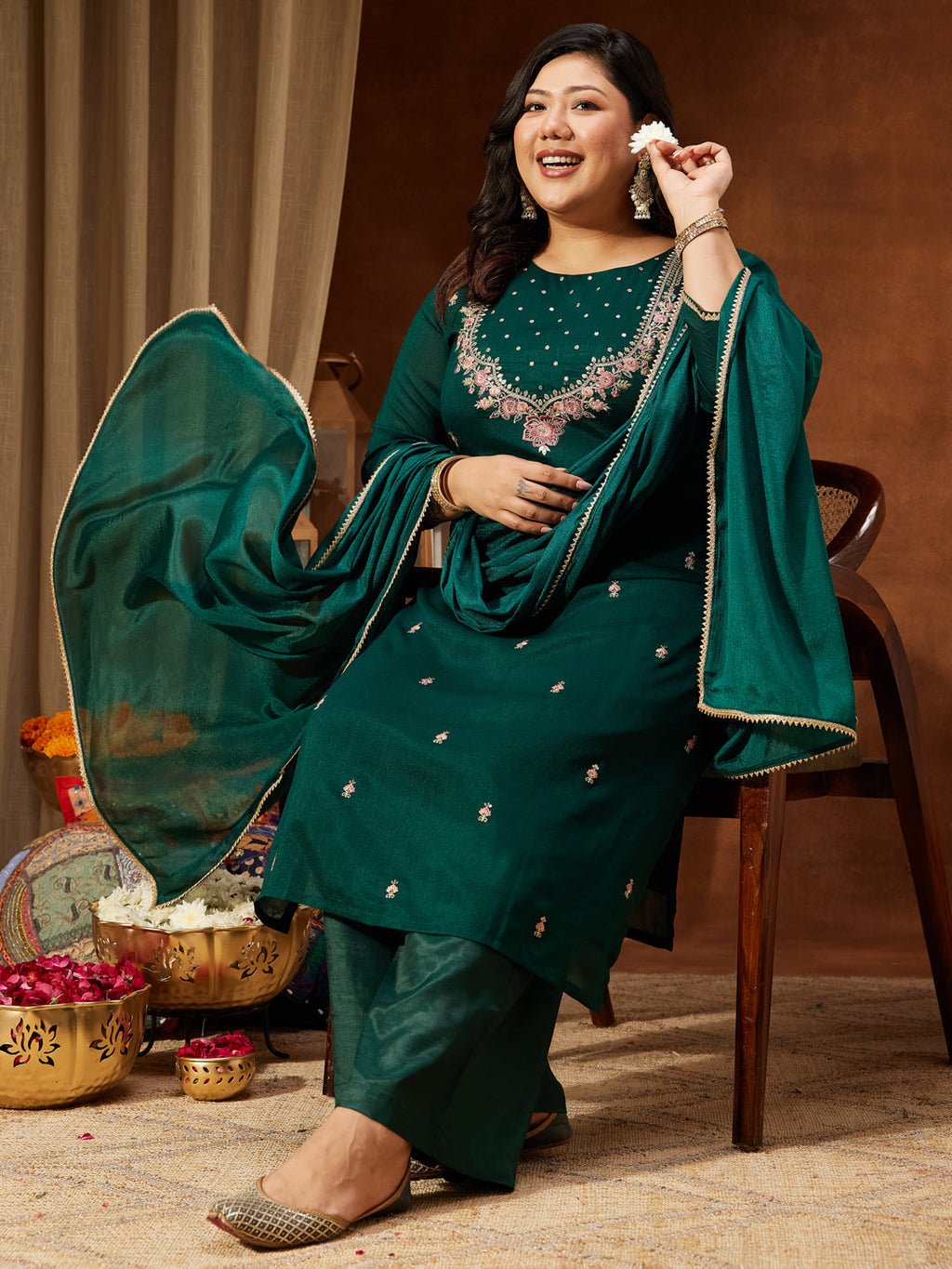 Janasya Women's Plus Size Bottle Green Silk Blend Zari Embroidered Straight Kurta Set