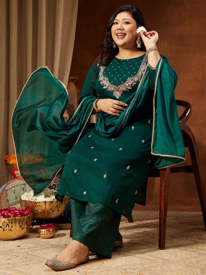 Janasya Women's Plus Size Bottle Green Silk Blend Zari Embroidered Straight Kurta Set - qivii