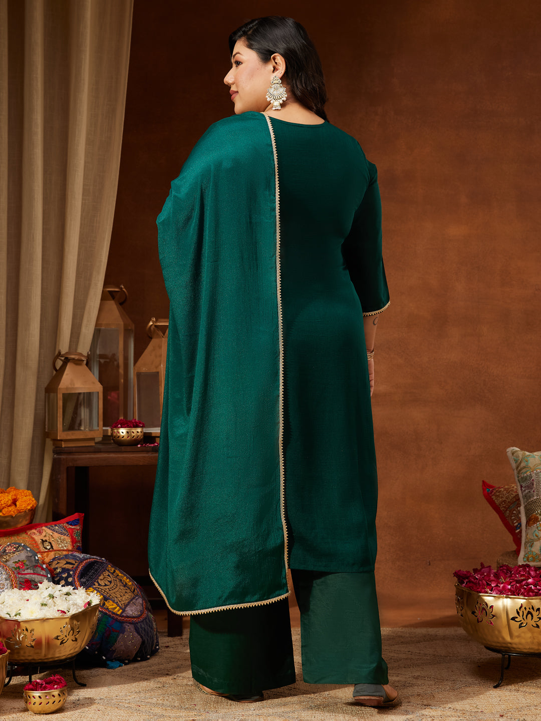 Janasya Women's Plus Size Bottle Green Silk Blend Zari Embroidered Straight Kurta Set - qivii