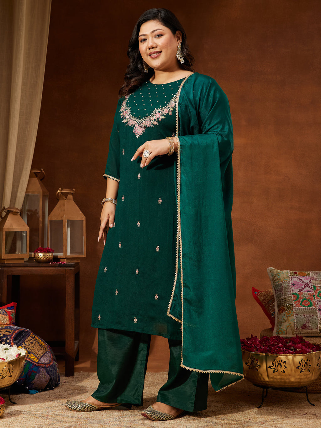 Janasya Women's Plus Size Bottle Green Silk Blend Zari Embroidered Straight Kurta Set