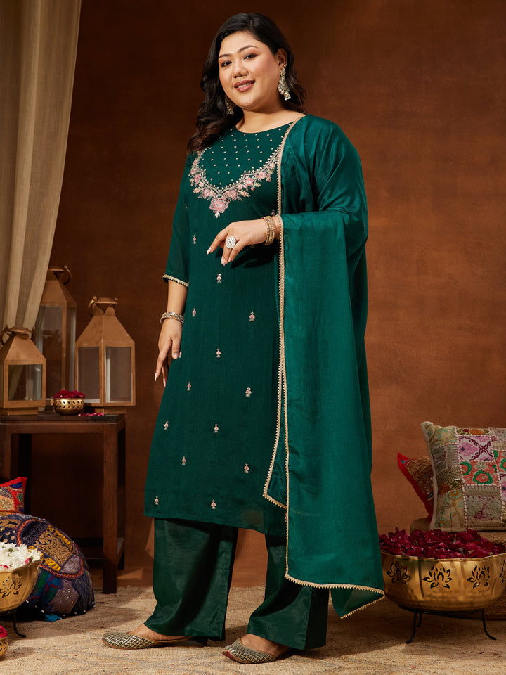 Janasya Women's Plus Size Bottle Green Silk Blend Zari Embroidered Straight Kurta Set - qivii