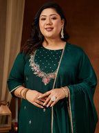 Janasya Women's Plus Size Bottle Green Silk Blend Zari Embroidered Straight Kurta Set