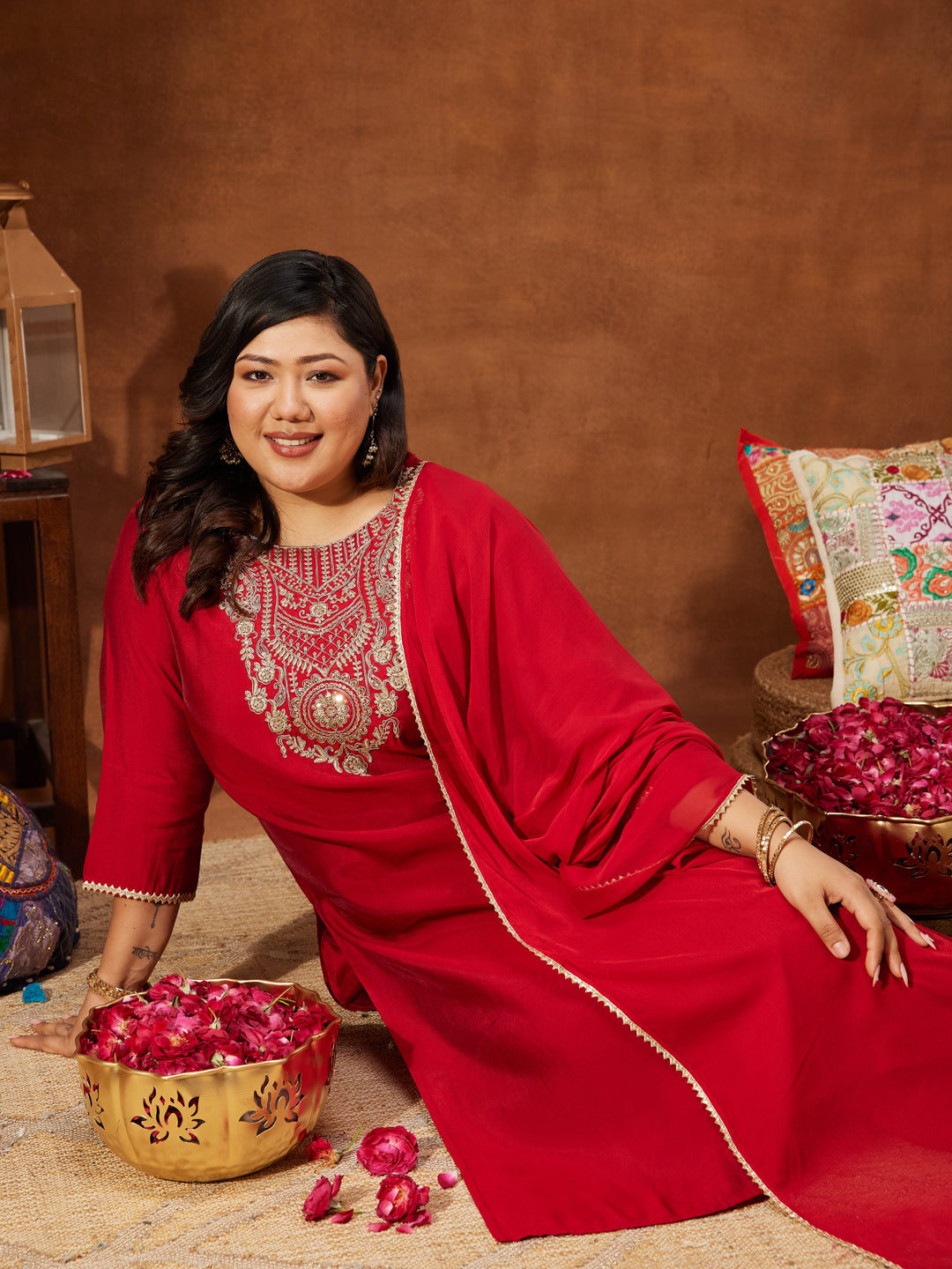 Janasya Women's Plus Size Maroon Chanderi Silk Yoke Embroidered Straight Kurta Set - qivii