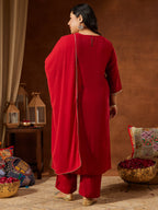 Janasya Women's Plus Size Maroon Chanderi Silk Yoke Embroidered Straight Kurta Set