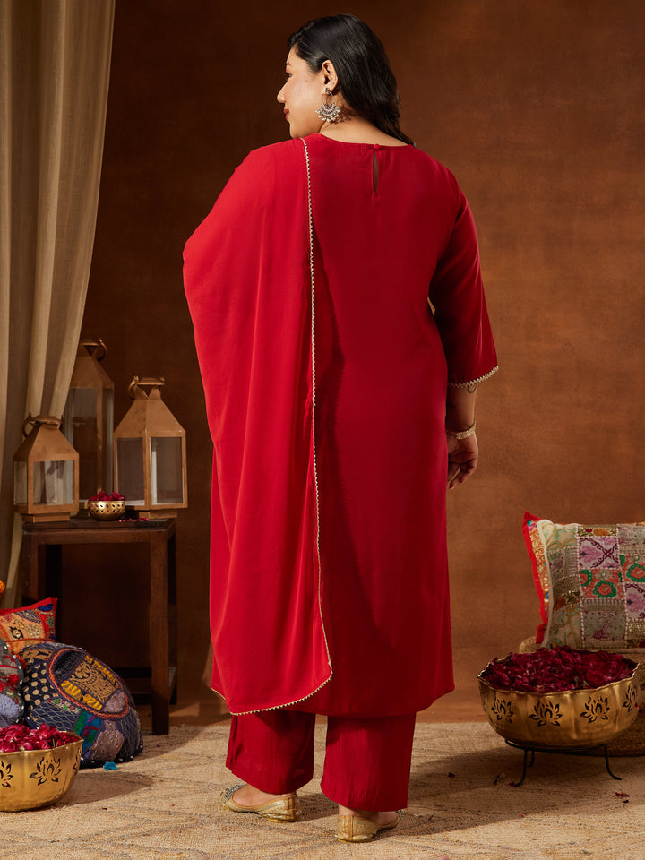 Janasya Women's Plus Size Maroon Chanderi Silk Yoke Embroidered Straight Kurta Set - qivii