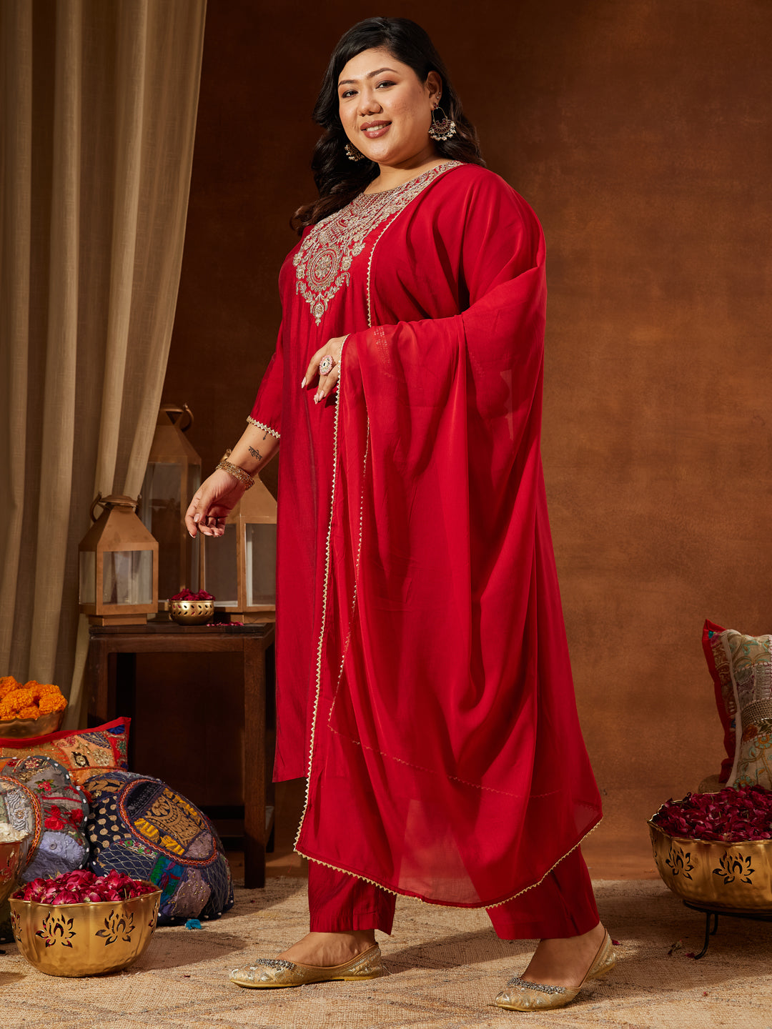 Janasya Women's Plus Size Maroon Chanderi Silk Yoke Embroidered Straight Kurta Set - qivii