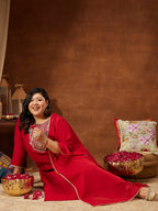 Janasya Women's Plus Size Maroon Chanderi Silk Yoke Embroidered Straight Kurta Set