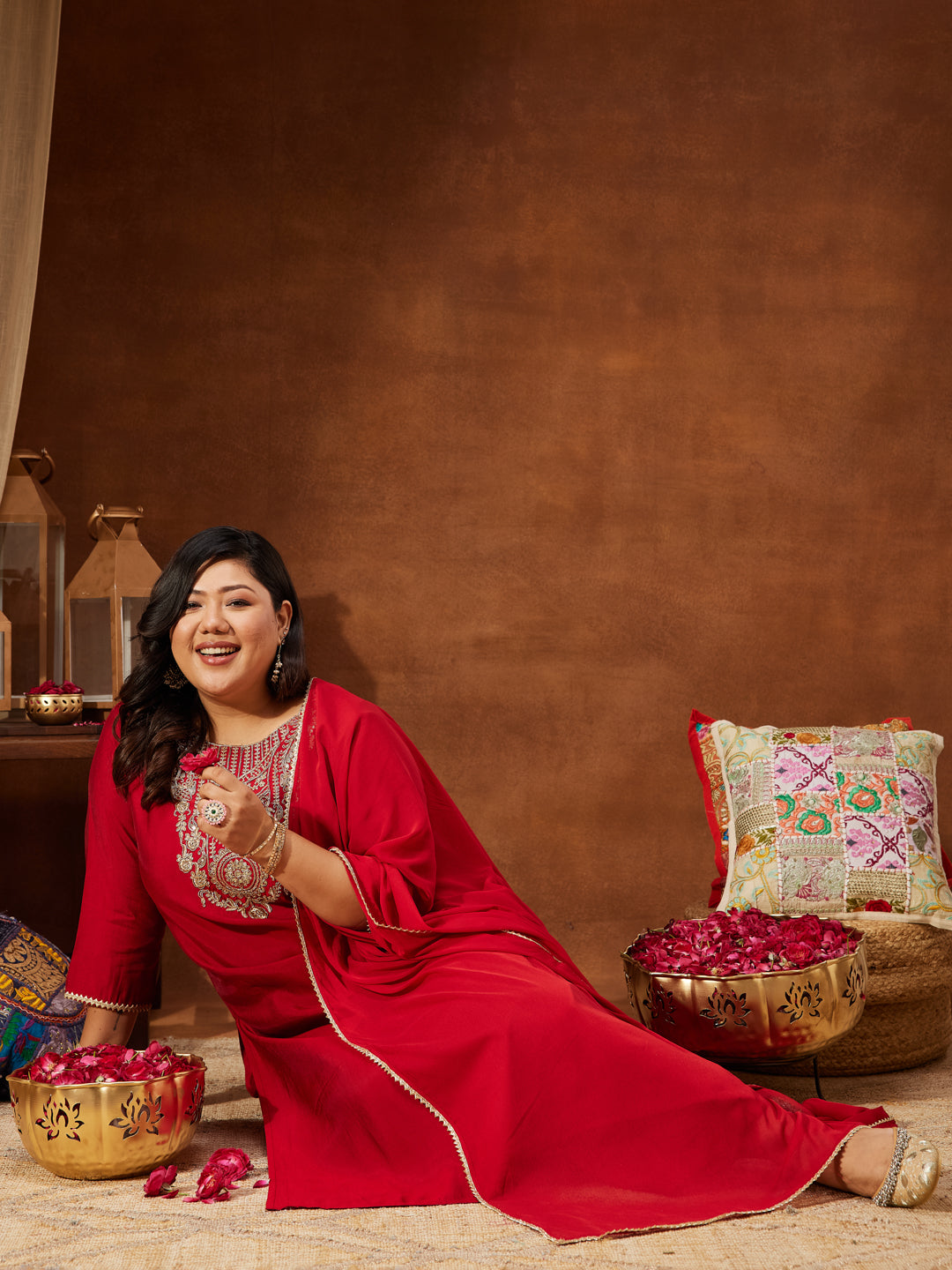 Janasya Women's Plus Size Maroon Chanderi Silk Yoke Embroidered Straight Kurta Set