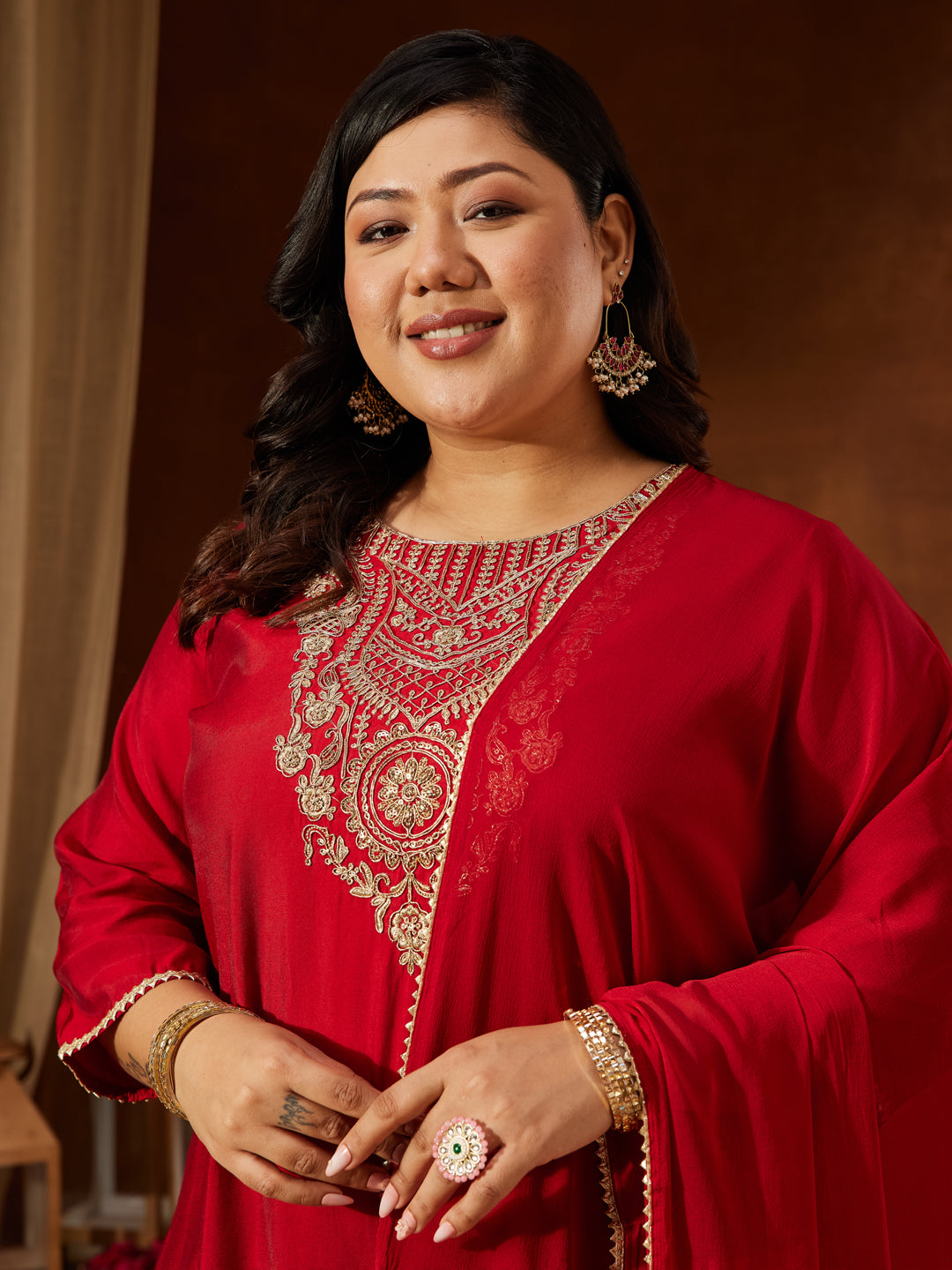 Janasya Women's Plus Size Maroon Chanderi Silk Yoke Embroidered Straight Kurta Set - qivii