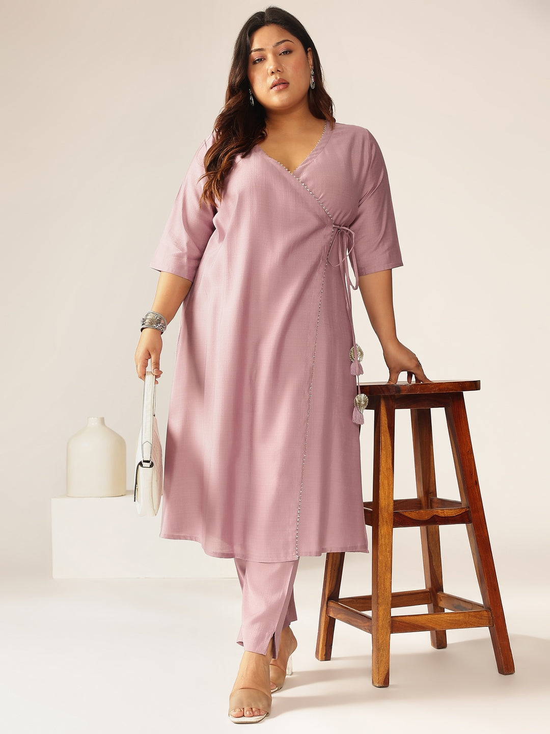 Plus Size Lavender Silk Blend Solid Angrakha Kurta Set - qivii