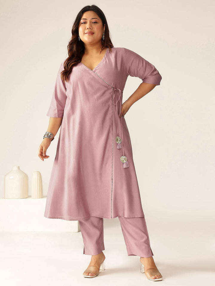 Plus Size Lavender Silk Blend Solid Angrakha Kurta Set - qivii