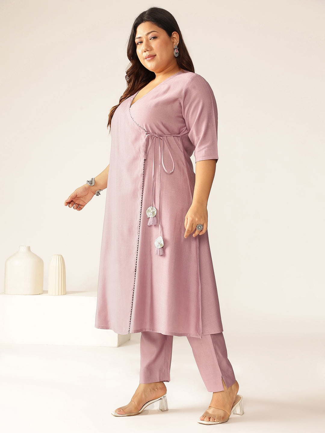 Plus Size Lavender Silk Blend Solid Angrakha Kurta Set - qivii