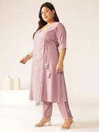 Plus Size Lavender Silk Blend Solid Angrakha Kurta Set