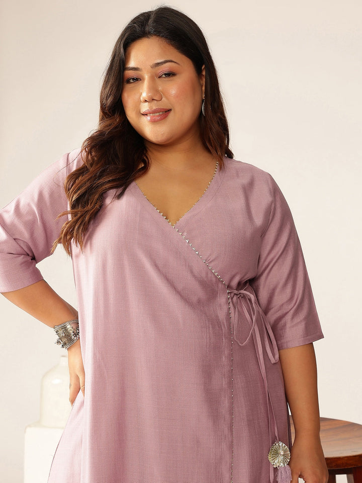 Plus Size Lavender Silk Blend Solid Angrakha Kurta Set - qivii