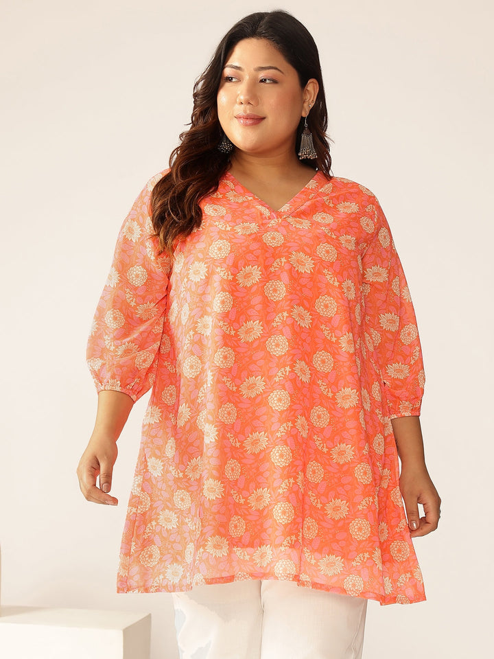 Plus Size Peach Georgette Floral Printed A-line Tunic - qivii