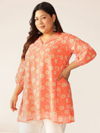 Plus Size Peach Georgette Floral Printed A-line Tunic
