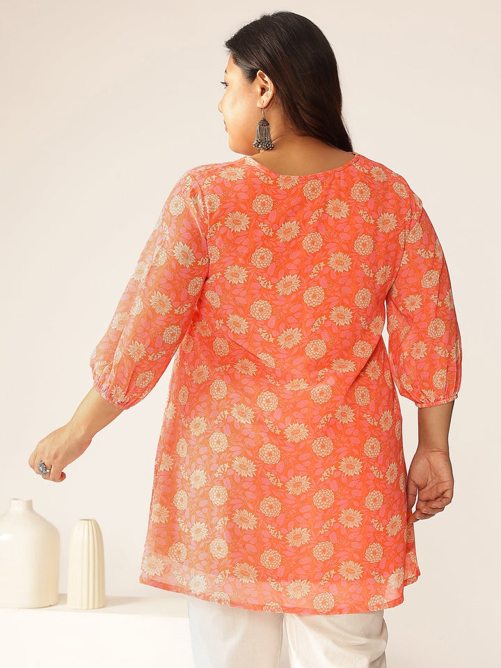 Plus Size Peach Georgette Floral Printed A-line Tunic - qivii