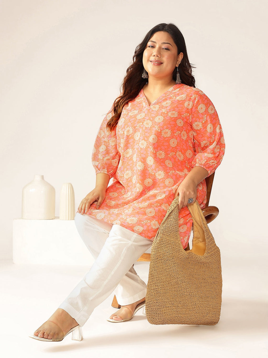 Plus Size Peach Georgette Floral Printed A-line Tunic