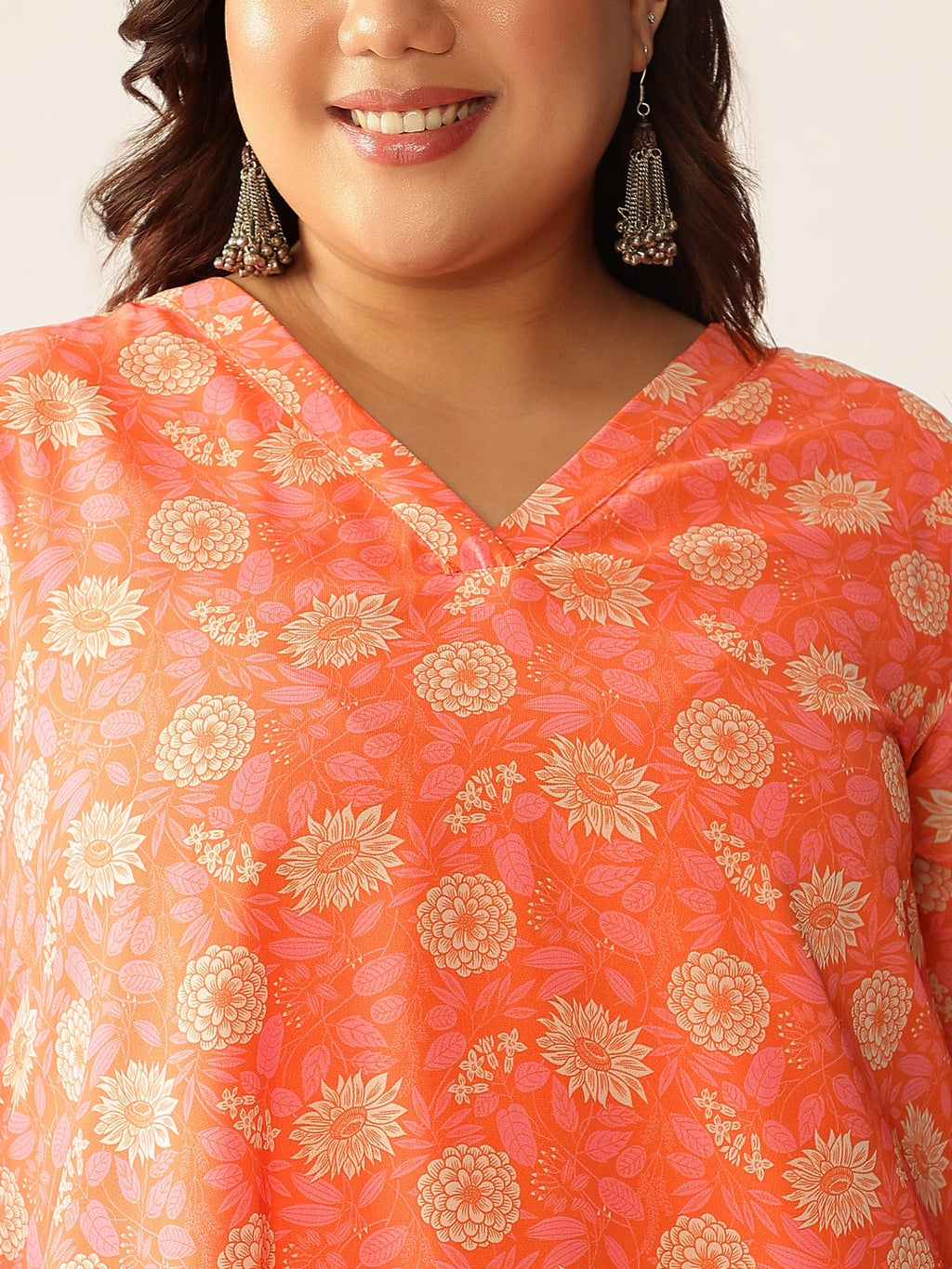 Plus Size Peach Georgette Floral Printed A-line Tunic