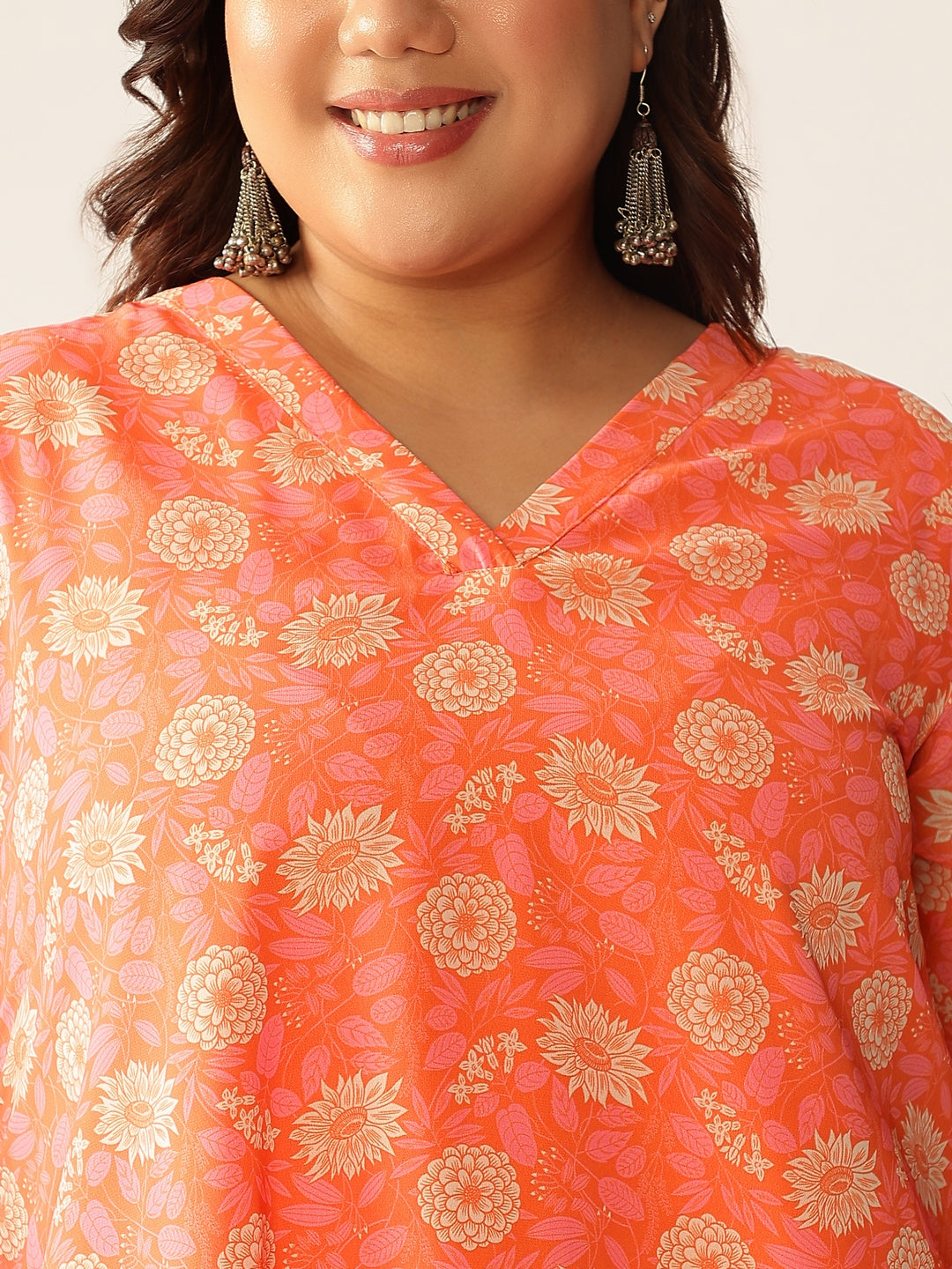 Plus Size Peach Georgette Floral Printed A-line Tunic - qivii