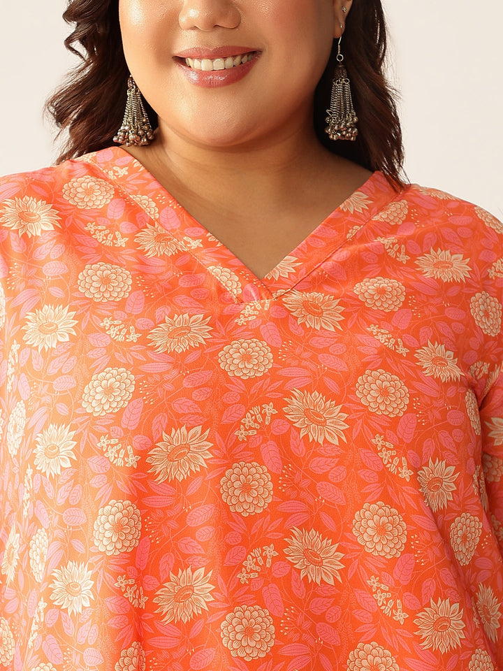 Plus Size Peach Georgette Floral Printed A-line Tunic - qivii