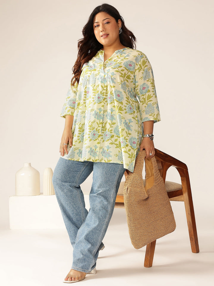 Plus Size Off White Pure Cotton Floral Printed A-line Tunic - qivii