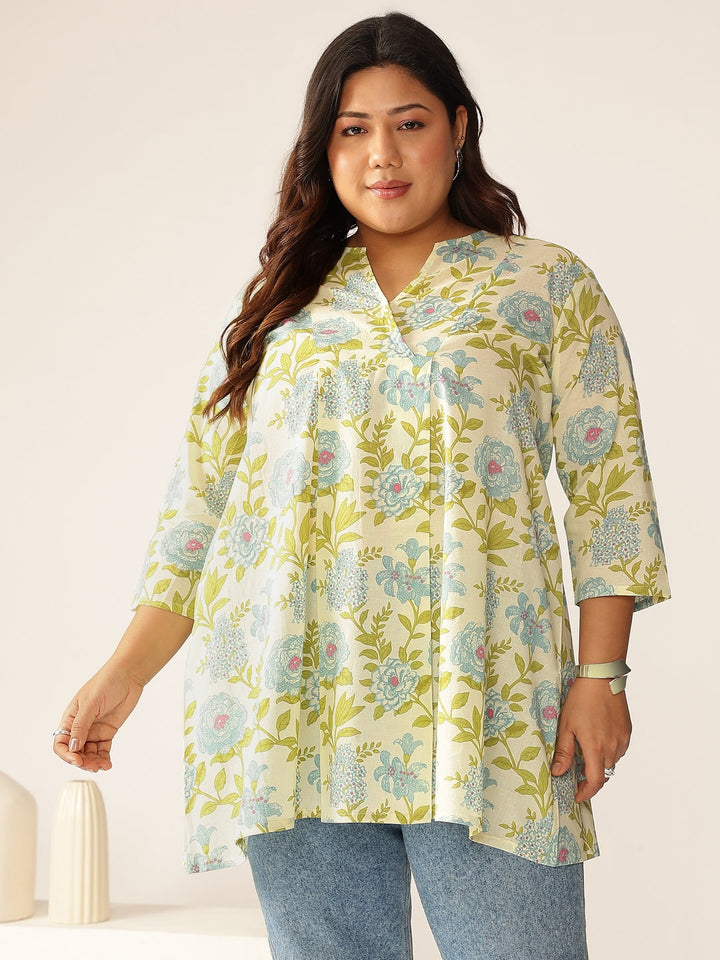 Plus Size Off White Pure Cotton Floral Printed A-line Tunic - qivii