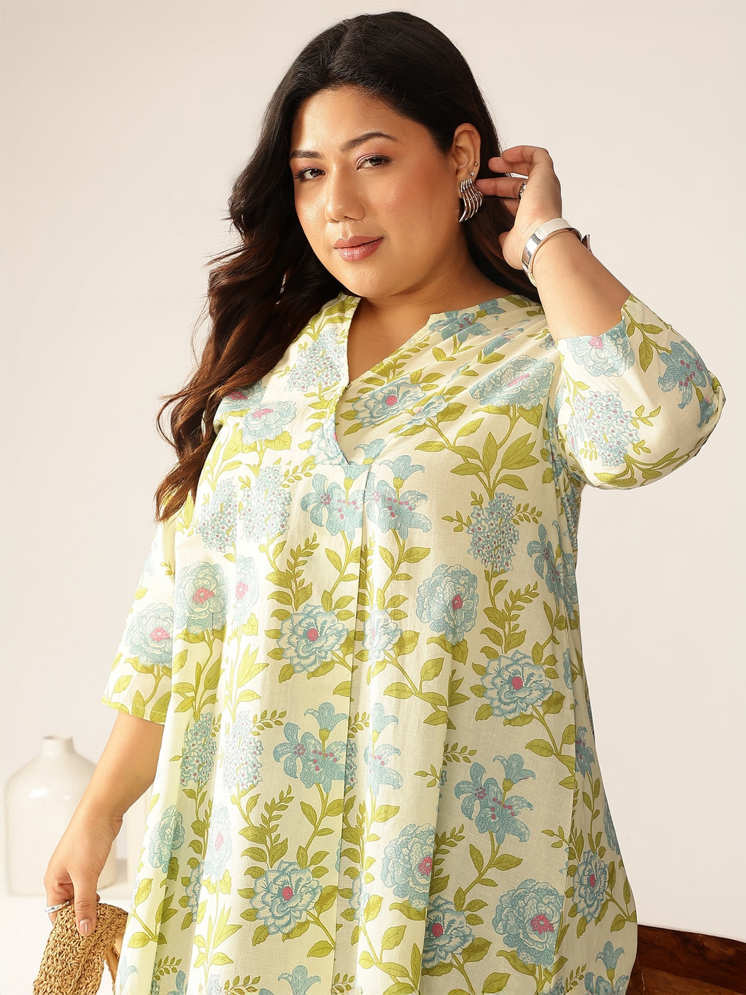 Plus Size Off White Pure Cotton Floral Printed A-line Tunic