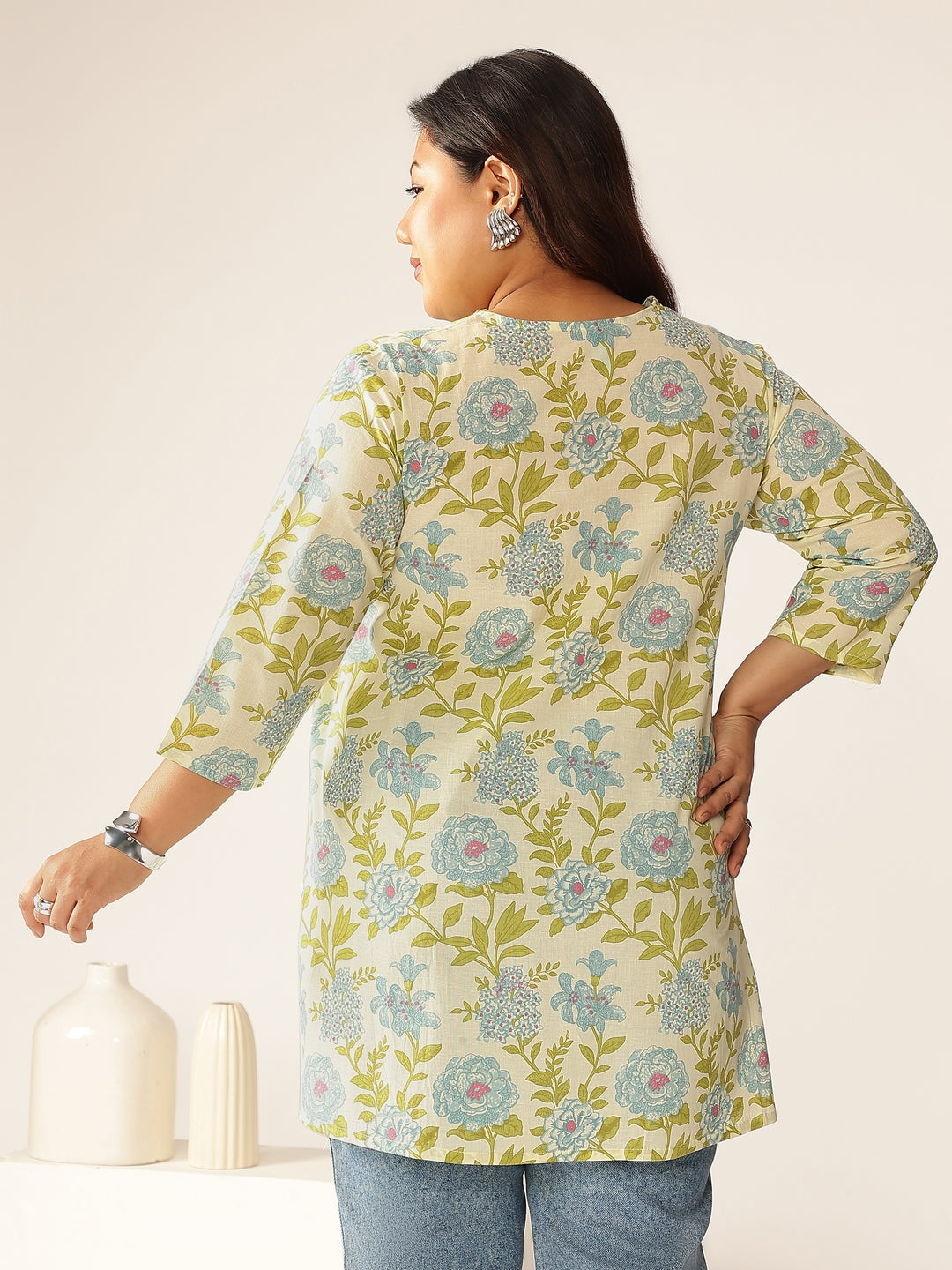 Plus Size Off White Pure Cotton Floral Printed A-line Tunic - qivii